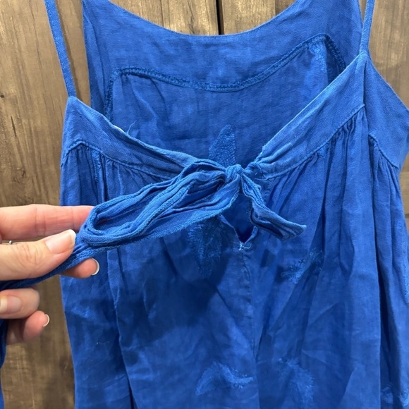 Pure Lino Linen Italy Dress Spaghetti straps blue embroidered - Picture 7 of 11